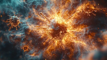 Glowing Antibodies Destroying Virus Particle in Powerful Symbolic Defense Mechanism