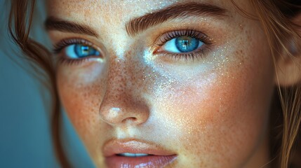 Fototapeta premium Close-up portrait of a person with striking blue eyes and freckles, showcasing natural beauty.