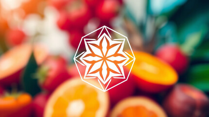 A logo featuring blurred bokeh of bright, ripe tropical fruits, sharp focus on the fruits, soft geometric shapes, clean lines, balanced, symmetrical, visually clear