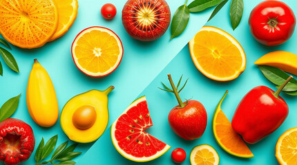 A moody overhead shot depicting bright, beautiful ripe tropical fruits from a bird’s eye view, with low contrast and a top-down perspective
