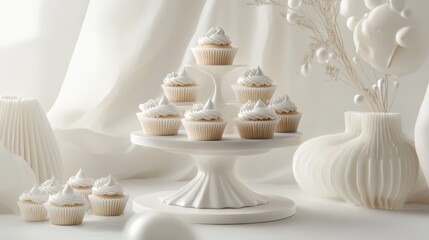 Elegant Display of Vanilla Cupcakes with Swirled Frosting on a White Cake Stand Surrounded by Minimalist Decor and Soft Natural Light