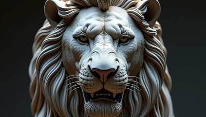 lion sculpture heavily expressioned face conveys intensity seriousness