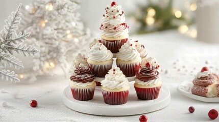 Deliciously Decorated Holiday Cupcakes with Creamy Frosting Topped with Red Berries and Sprinkles on a Festive Table with a Winter Backdrop