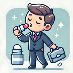 Chibi Vector Illustration of Person Applying Lip Balm on Glossy Background with Copy Space for Text or Branding