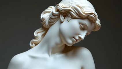 marble statue depicts serene woman bent head exuding elegance feminine
