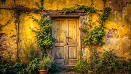 Rustic Wooden Doorway Adorned with Lush Greenery on a Weathered Yellow Wall