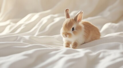Naklejka premium Playful bunny exploring soft bedding cozy bedroom animal portrait indoor close-up whimsical charm