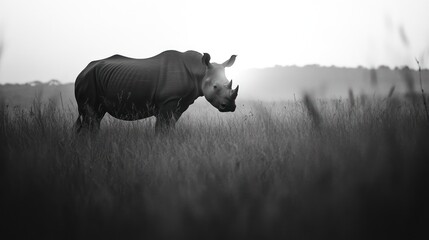 Majestic rhino silhouetted at sunset in tall grass.