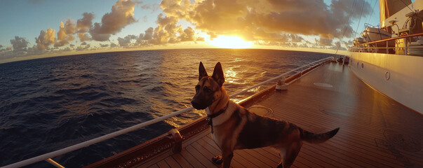 Belgian Malinois stands on ship deck at sunset, enjoying view