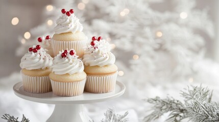 Delightful Christmas Cupcakes with Creamy Frosting and Red Berries on a White Cake Stand Against a Wintery Background with Soft Lights