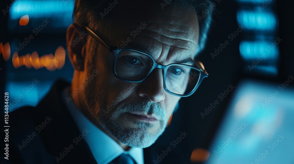 Poster focused business analyst reviewing data insights in a high-tech office environment close-up perspect