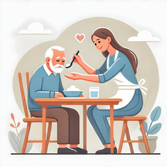 Candid Caregiver Feeding Elderly Person at Table - Compassionate Support and Love  in Vector Illustration with Copy Space