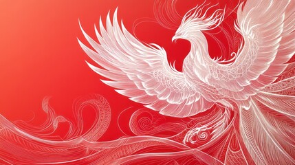 Obraz premium White phoenix bird in flight against a red background.