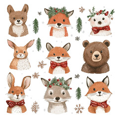 Fototapeta premium Adorable Christmas Woodland Critters: Festive Foxes, Bunnies, and a Bear!