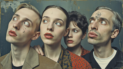 Four people in curious mood looking up against dark background