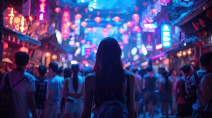 A vibrant night market scene filled with crowds and colorful lanterns.