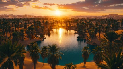 Obraz premium Oasis sunset landscape, palm trees surrounding a tranquil blue lake in the desert.