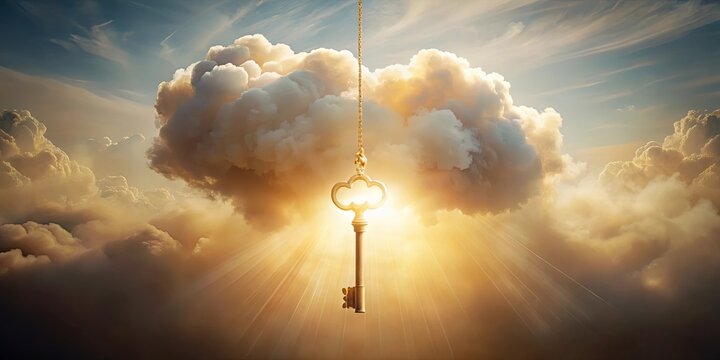 Golden Key Hanging in Heavenly Clouds A Symbol of Unlockable Potential