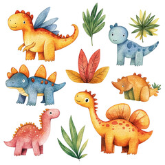 Naklejka premium Adorable Watercolor Dinosaurs Collection: A whimsical illustration featuring charming dinosaurs surrounded by lush greenery, perfect for kids' products, cards or educational materials.