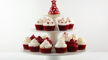 Festive Red and White Cupcake Display with Decorative Christmas Tree Treat on a White Stand Perfect for Celebrations and Holiday Gatherings
