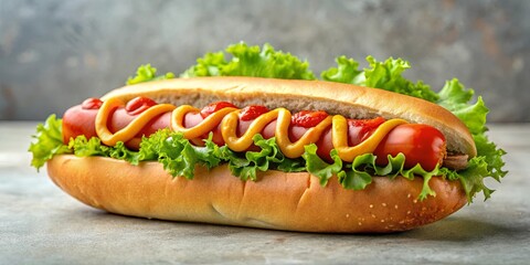 A Classic Hot Dog with Ketchup and Mustard, Topped with Fresh Lettuce in a Soft Bun