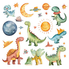 Obraz premium Cute Dinosaurs in Space: A Watercolor Galaxy Adventure