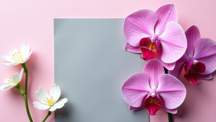 pink orchids sit gray card blank paper white flowers soft background