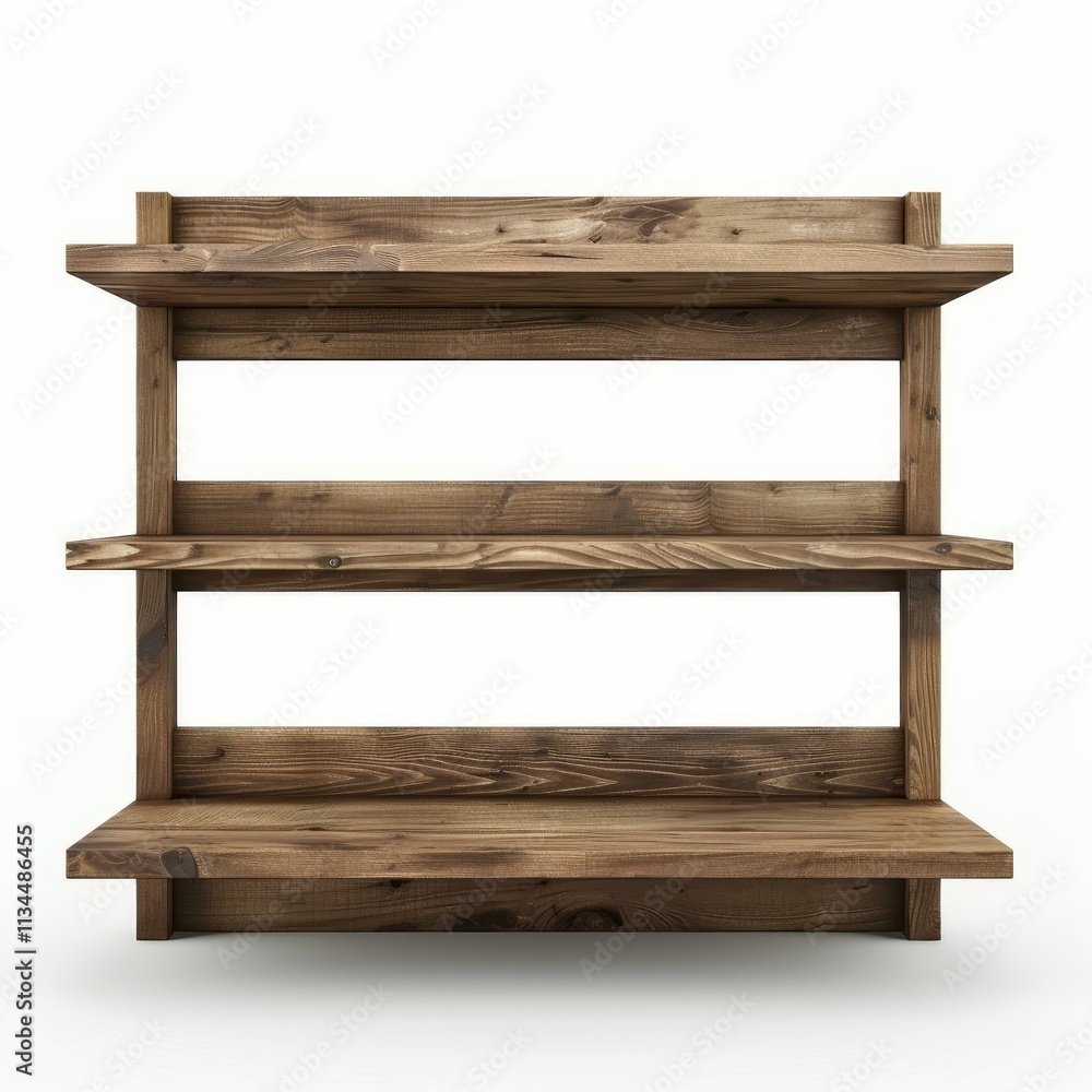 Poster three empty wooden shelves standing on white background, ready for displaying objects