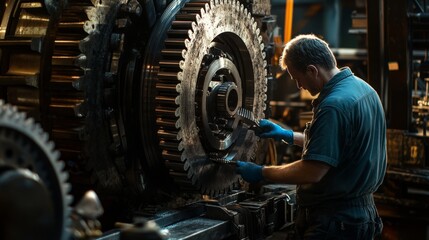 Industrial technician repairs mechanical gear in manufacturing facility process overview workshop close-up view engineering insights