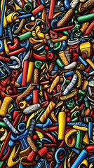 Fototapeta premium Colorful abstract background with various shapes and objects.