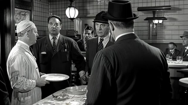 Restaurant setting with diners interacting with a waiter in a vintage black and white scene
