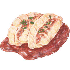 guotie dumplings with crispy bottoms and dipping saue, chinese jiaozi dumpling, dumpling painting with colored pencils