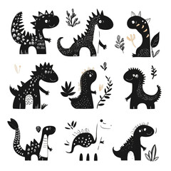 Fototapeta premium Adorable Black and White Dinosaurs Illustration
