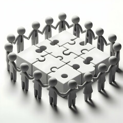3D Plain background with monochrome team silhouettes solving puzzle copy space on top. concept as Plain background featuring monochrome team silhouettes solving a puzzle representing unity and collect