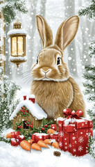 Cute brown bunny in snowy winter forest scene with gifts and carrots near a lantern and small house.
