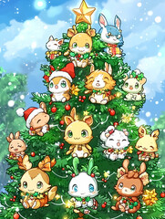 Fototapeta premium Cute cartoon animals adorn a Christmas tree, celebrating the festive season with cheerful expressions and holiday decorations.