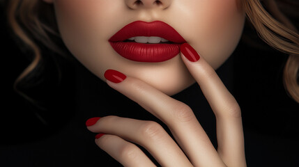 Fototapeta premium A glamorous close-up of vibrant red lips and matching manicured nails, exuding elegance and sophistication with soft lighting.
