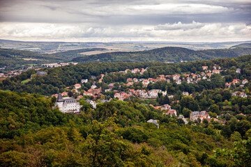 Naklejka premium The city of Eisenach in Thuringia, Germany, view from above, from castle Wartburg.