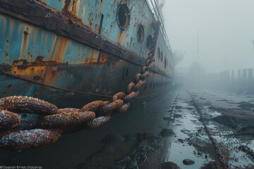 Fog envelops a rusted dockyard revealing an abandoned ship and desolate surroundings