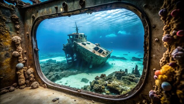 Fototapeta Sunken shipwreck seen from a submarine window, underwater, exploration, wreck, marine life, coral, sea creatures, ocean