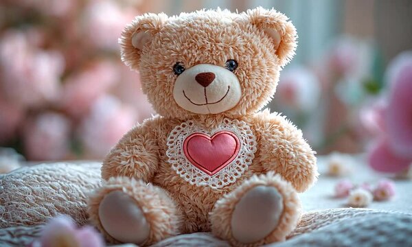 Cute teddy bear with a heart, surrounded by soft colors