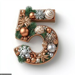 3D Christmas-themed number "5" decorated with elegant copper Christmas patterns such as snowflakes, stars, and ornaments, featuring a metallic copper finish with intricate details and a glossy