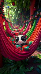 Naklejka premium Cute sugar glider in colorful hammock with gifts.