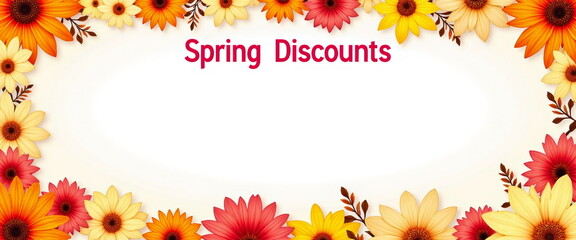 Obraz premium Colorful flowers frame Spring Discounts text on white background