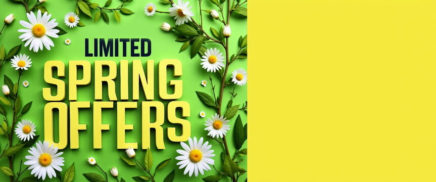 Limited spring offers with daisies on green background