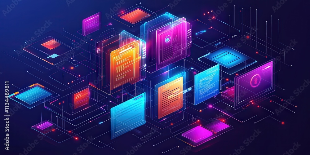 Poster futuristic abstract network grid with colorful files and folders in digital space representing data 