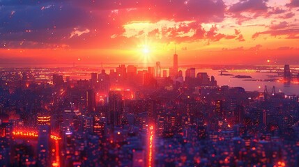 Obraz premium A vibrant sunset over a city skyline, casting warm hues and illuminating the urban landscape.
