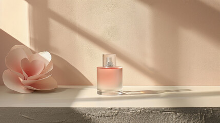 Minimalist perfume bottle with frosted glass, delicate shadows, set on a sleek surface