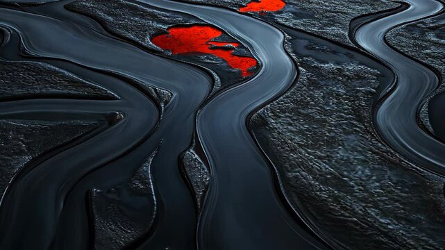 Rivulets of dark earth crisscrossing with vibrant red patches under a dynamic light contrast