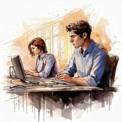 Due colleghi concentrati davanti al computer in ufficio - effetto acquerello
